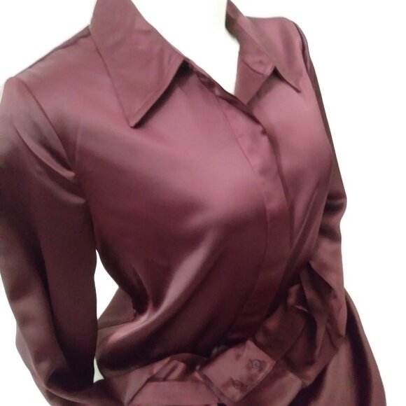 Worthington Satin Burgundy Small Long Sleeve Blouse - Picture 10 of 11